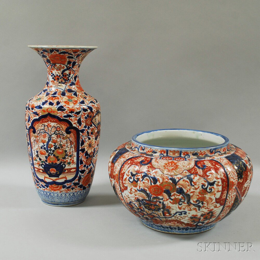 Appraisal: Imari Porcelain Tall Vase and Jardiniere damage ht to dia