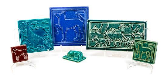 Appraisal: Six Glazed Tiles depicting Stylized Dogs Width of widest inches