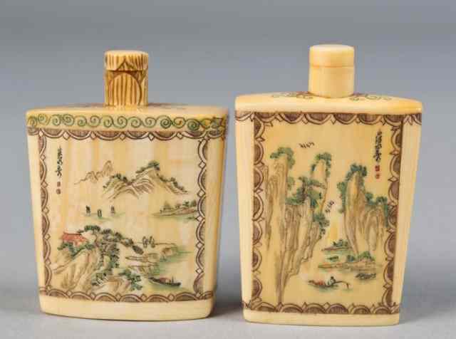 Appraisal: Chinese Polychromed Ivory Snuff BottlesEach finely etched and Polychromed to