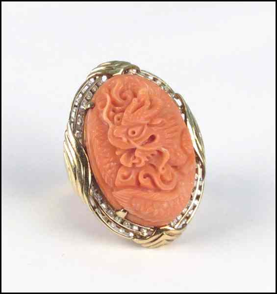 Appraisal: KARAT YELLOW GOLD CORAL AND DIAMOND RING grams Condition Overall