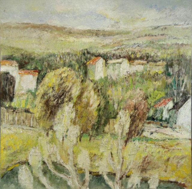 Appraisal: Modernist Mid th C Oil on Canvas Houses inLandscape Unsigned