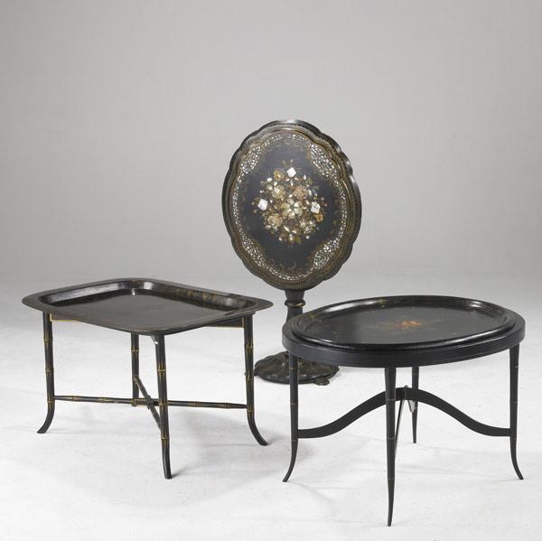 Appraisal: ENGLISH FURNISHINGS Two lacquered tray tables together with a papier