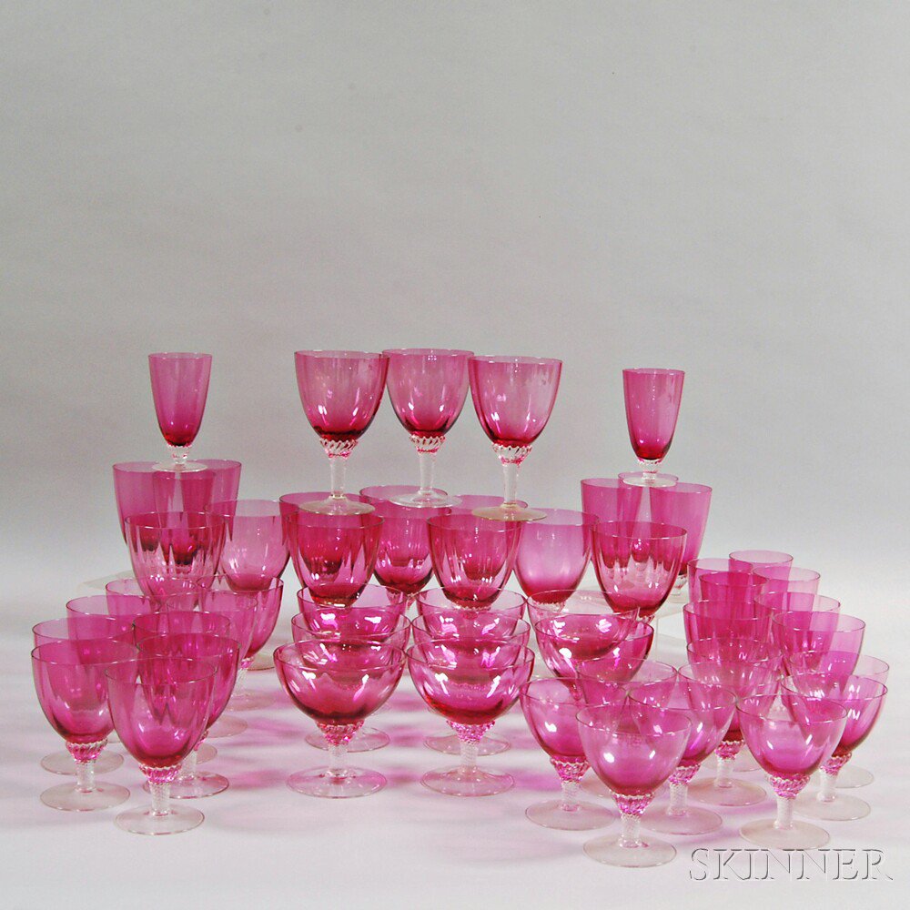 Appraisal: Fifty-four Pieces of Cranberry Glass Stemware th century with lobed