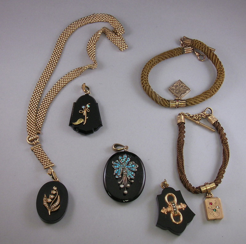 Appraisal: Group of Victorian Mourning and Hairwork Memorial Jewelry including two