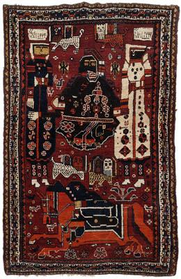 Appraisal: Hand woven Karaghasli Shiraz rug two figures possibly male and