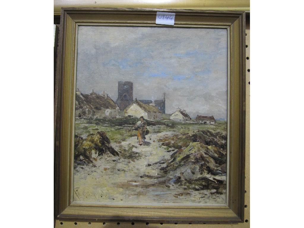 Appraisal: Oil on board Scottish Village scene indistinctly signed lower left