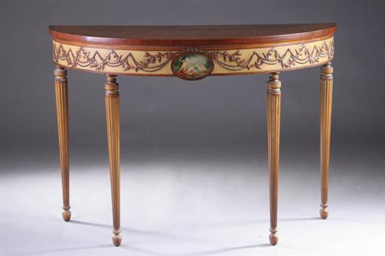 Appraisal: EDWARDIAN CLASSICAL HAND-PAINTED DEMILUNE TABLE early th century Burl walnut