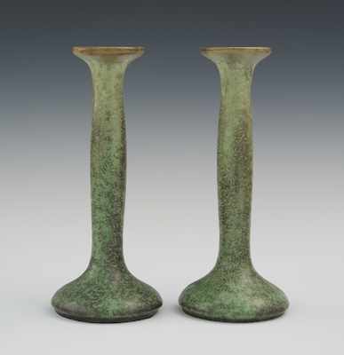 Appraisal: A Pair of Fulper Pottery Candlesticks Both with mottled green