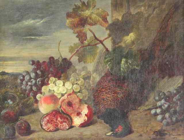 Appraisal: th Century School Pheasant and Fruit on a mossy bank