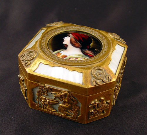 Appraisal: COPPER ENAMEL BRASS BELLE EPOCHE TRINKET BOX Open work brass