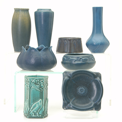 Appraisal: ROOKWOOD Eight Production vases and bowls in blue and blue-green