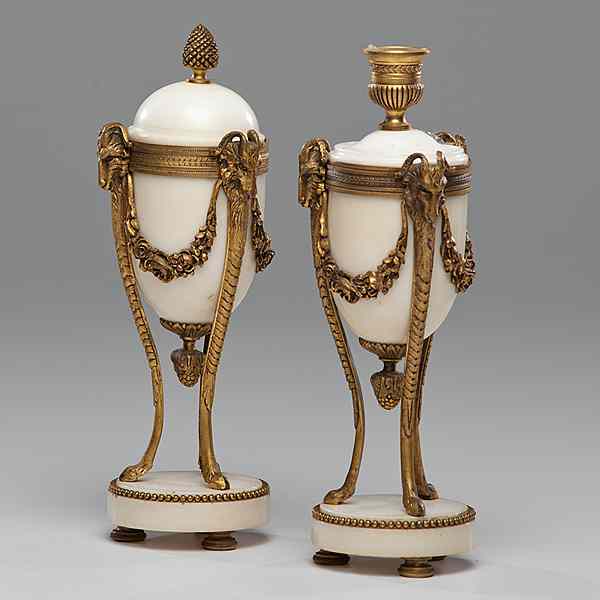 Appraisal: Neoclassical Alabaster Cassolettes English early th century A pair of