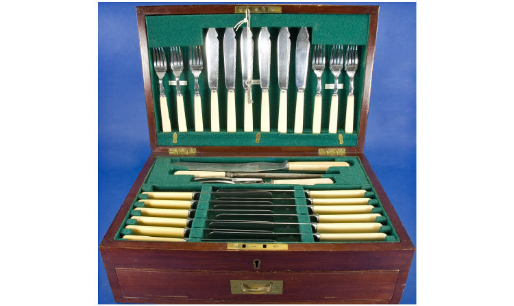 Appraisal: Edwardian Mahogany Boxed Cutlery Set The Hinged Lid With Satinwood