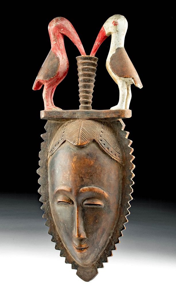 Appraisal: Early th C African Baule Wood Mask with Birds First