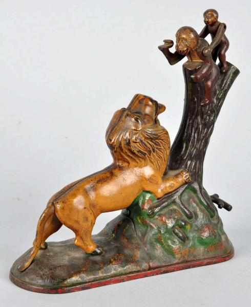 Appraisal: Cast Iron Lion Monkeys Mechanical Bank Description Manufactured by Kyser