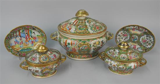 Appraisal: THREE CHINESE EXPORT FAMILLE ROSE COVERED TUREENS and TWO SMALL