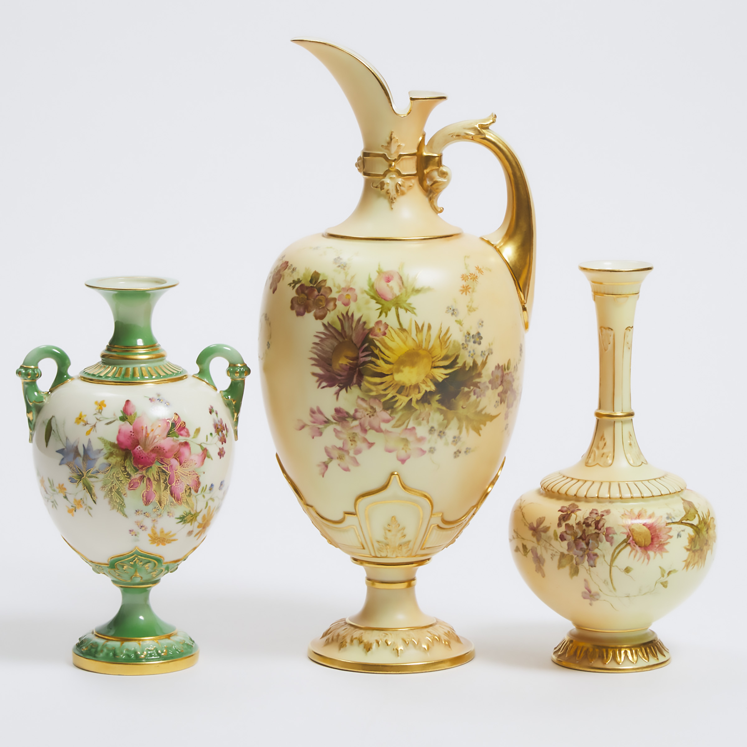 Appraisal: Royal Worcester Ewer and Two Vases c ewer height in