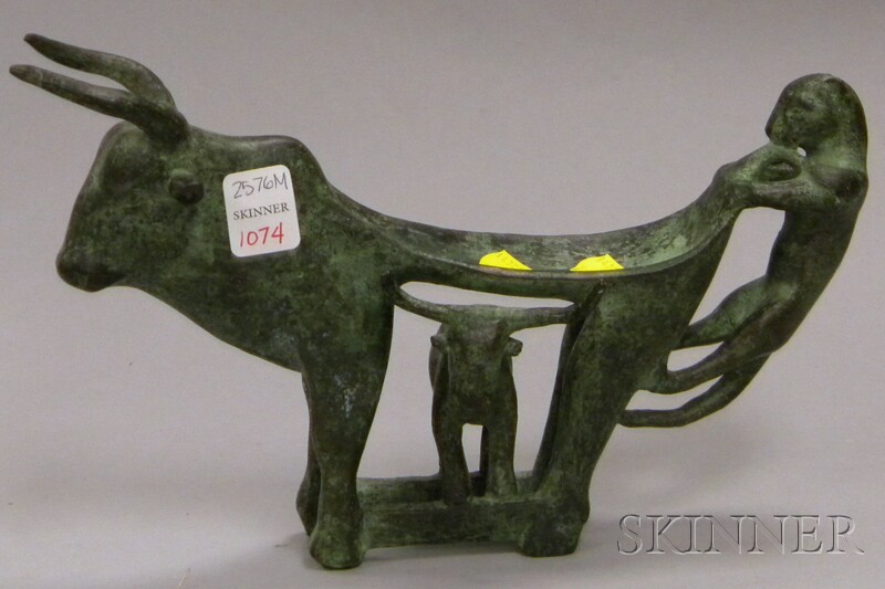 Appraisal: European School Patinated Bronze Bull and Cat Sculpture lg in