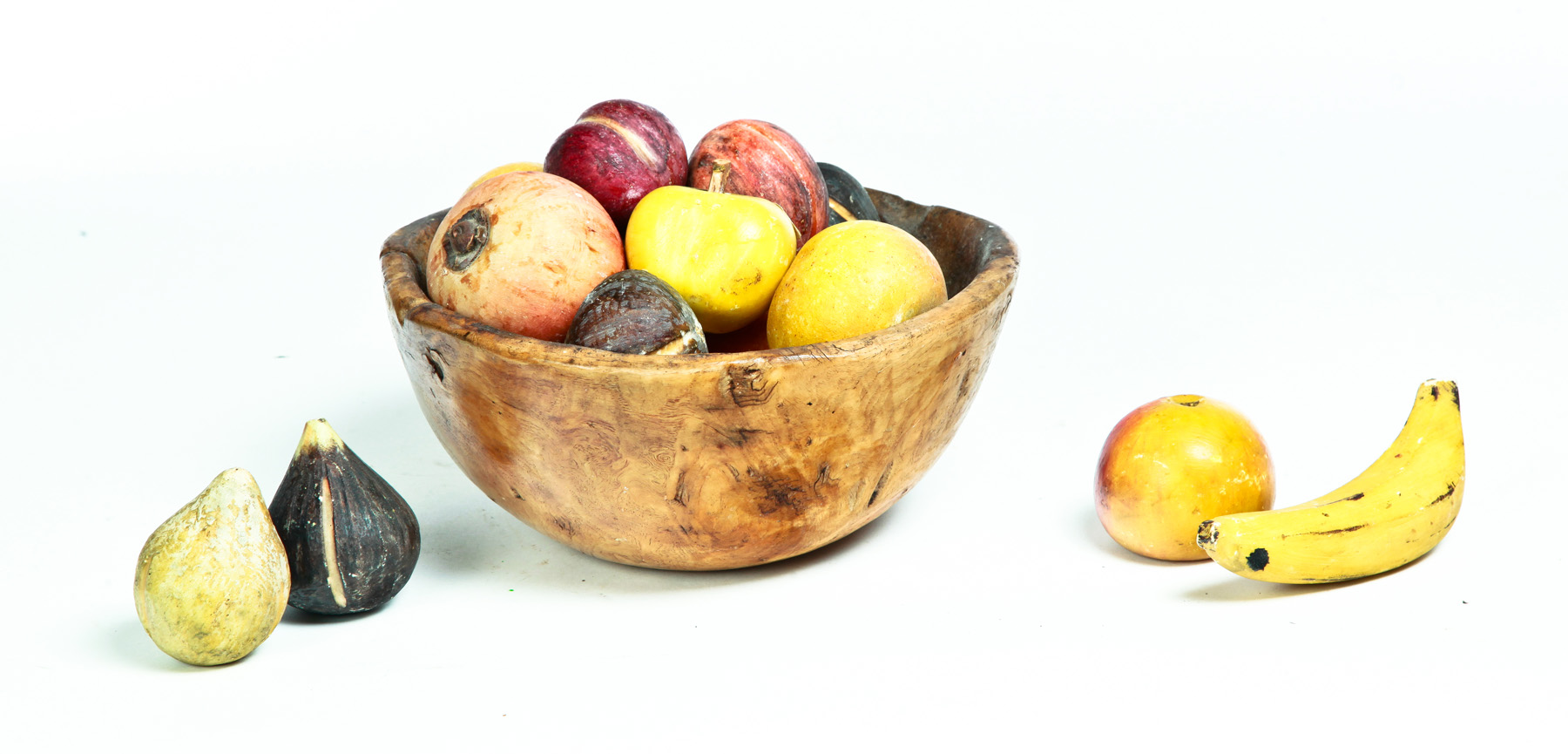 Appraisal: STONE FRUIT IN A WOODEN BOWL American or European th-early