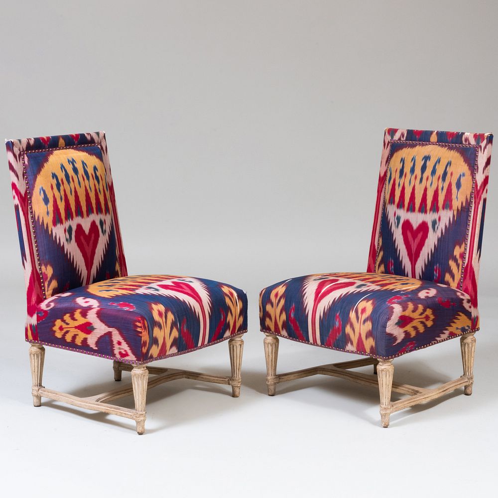 Appraisal: Pair of Louis XVI Style Ikat Upholstered Slipper Chairs x