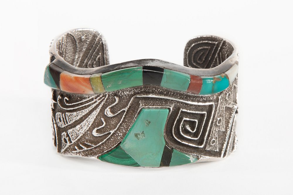 Appraisal: A Preston Monongye Tufa Cast Silver and Stone Inlay Cuff