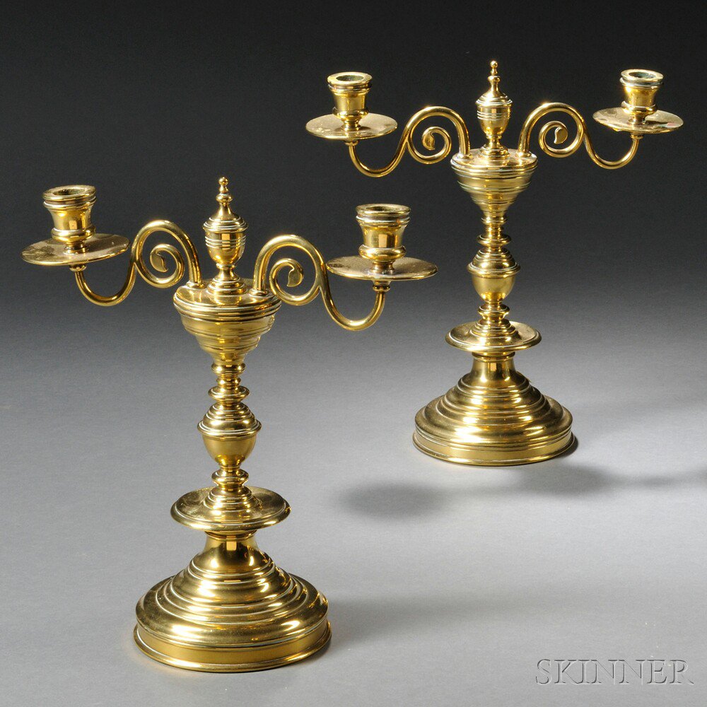 Appraisal: Pair of Classical Two-light Brass Candelabra England or France c