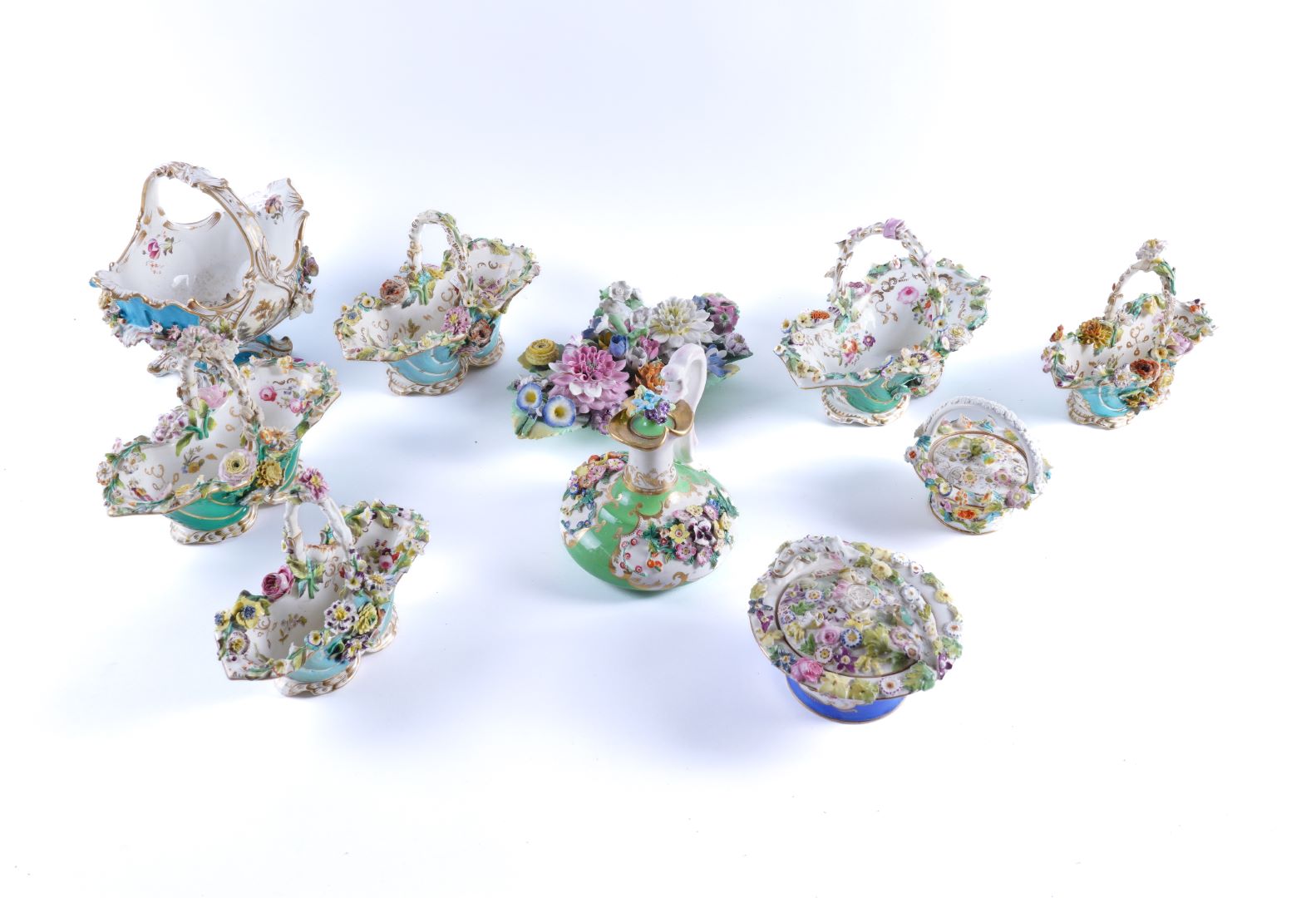 Appraisal: A GROUP OF ENGLISH FLOWER-ENCRUSTED PORCELAIN Circa Comprising five Coalbrookdale