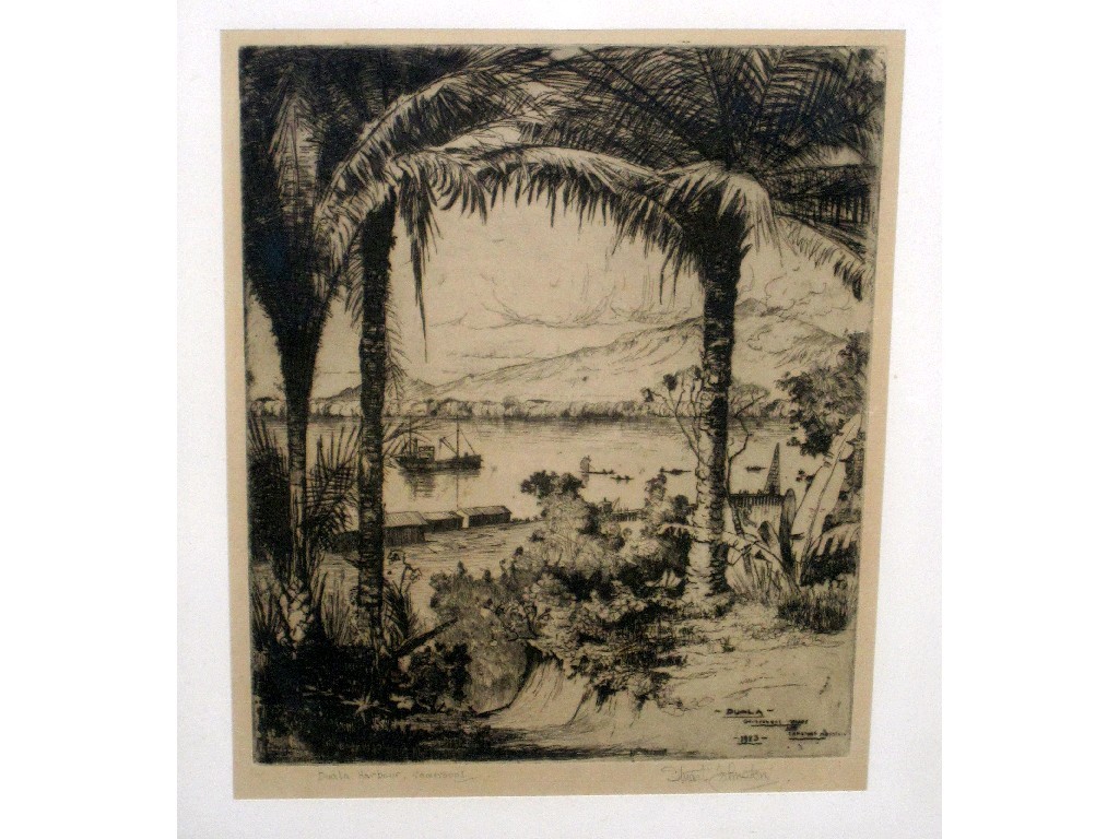 Appraisal: STUART JOHNSTON Etching 'Duala Cameroon - harbour and mountain' entitled