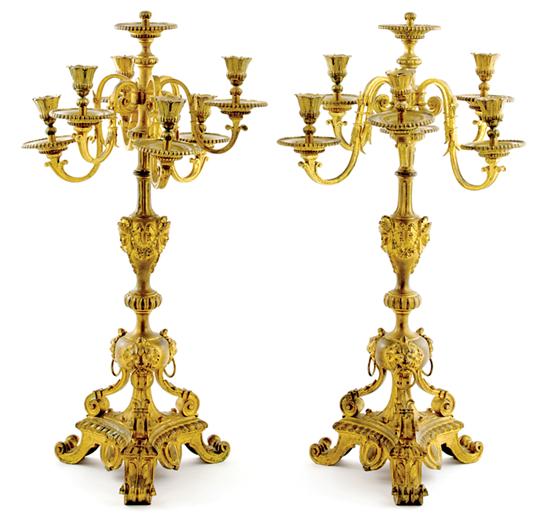 Appraisal: Pair French brass six-light candelabra late th century scrolling arms