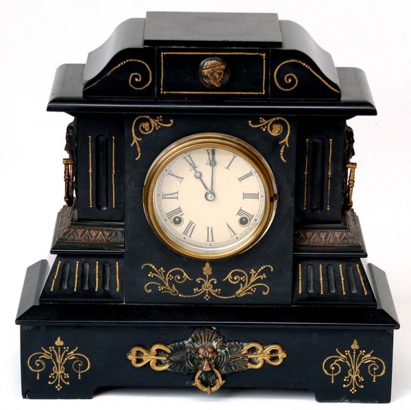 Appraisal: Large Victorian slate mantle clock Applied sculpture to sides and