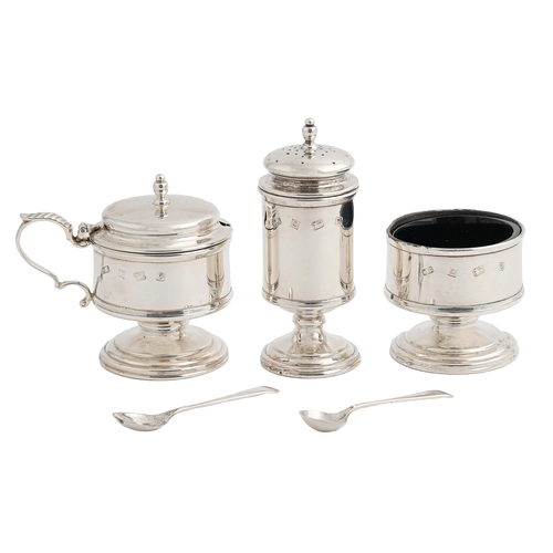 Appraisal: An Elizabeth II silver condiment set blue glass liners pepper