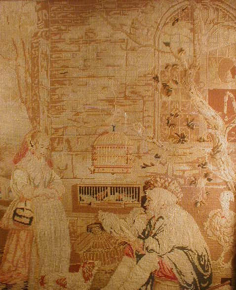 Appraisal: A Victorian petit-point needlework panel depicting an elderly bird seller