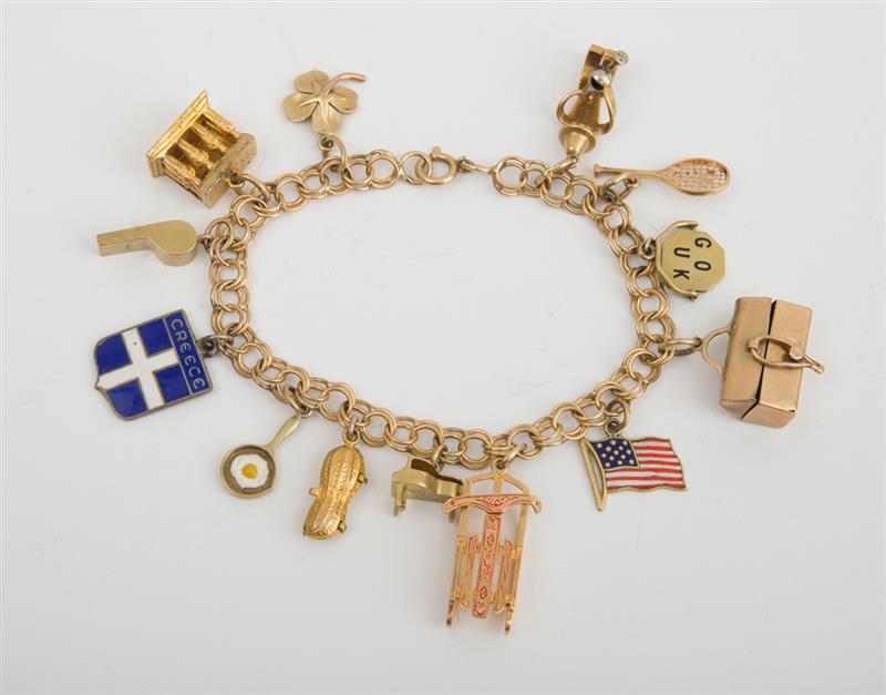 Appraisal: K YELLOW GOLD CHARM BRACELET With various gold charms in