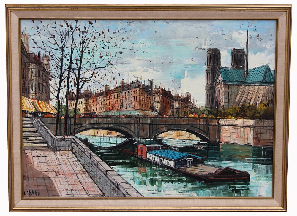 Appraisal: Signed Linari French Canal Scene Signed Linari French Canal Scene