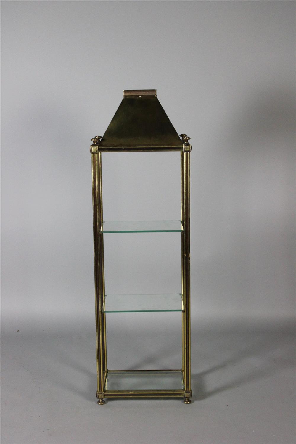 Appraisal: BRASS GLASS-SHELVED CURIO CABINET with two shelves - h w