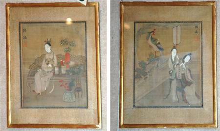 Appraisal: Pair of Asian Framed Painted Pictures of Court Scenes Estimate