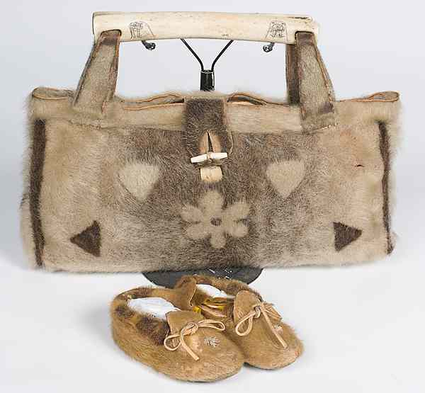 Appraisal: Eskimo Walrus Fur Child's Moccasins and Purse lot of including