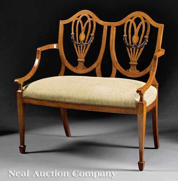 Appraisal: An Edwardian Inlaid Satinwood and Mahogany Chairback Settee serpentine crest