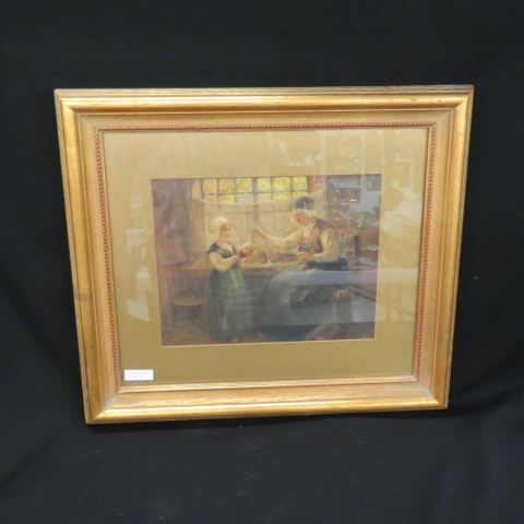 Appraisal: Dutch Watercolor of Mother Child Knitting Lesson th cenuty image