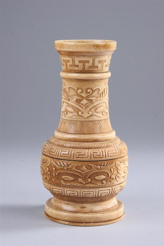 Appraisal: CHINESE IVORY VASE th century Taotie mask decoration - in