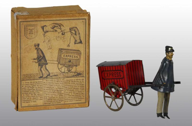 Appraisal: Tin Lehmann Man Pulls Express Cart Toy Description German Early