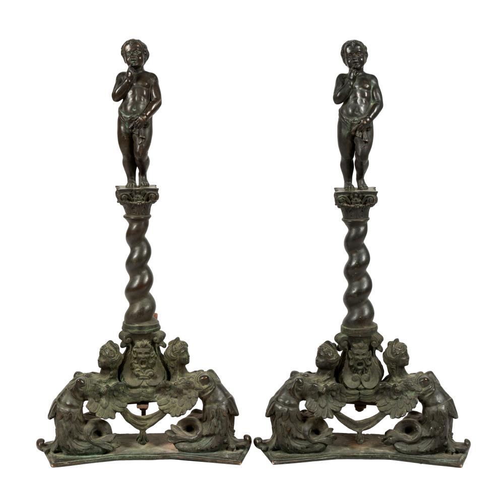 Appraisal: PAIR OF PATINATED METAL FIGURAL CHENETSwith brown and verdigris patina