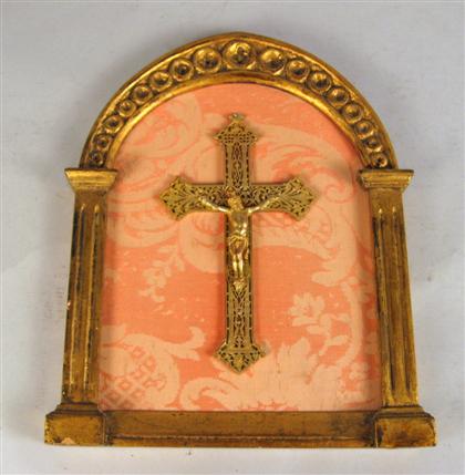 Appraisal: Gilt bronze crucifix Mounted in an arched panel frame H