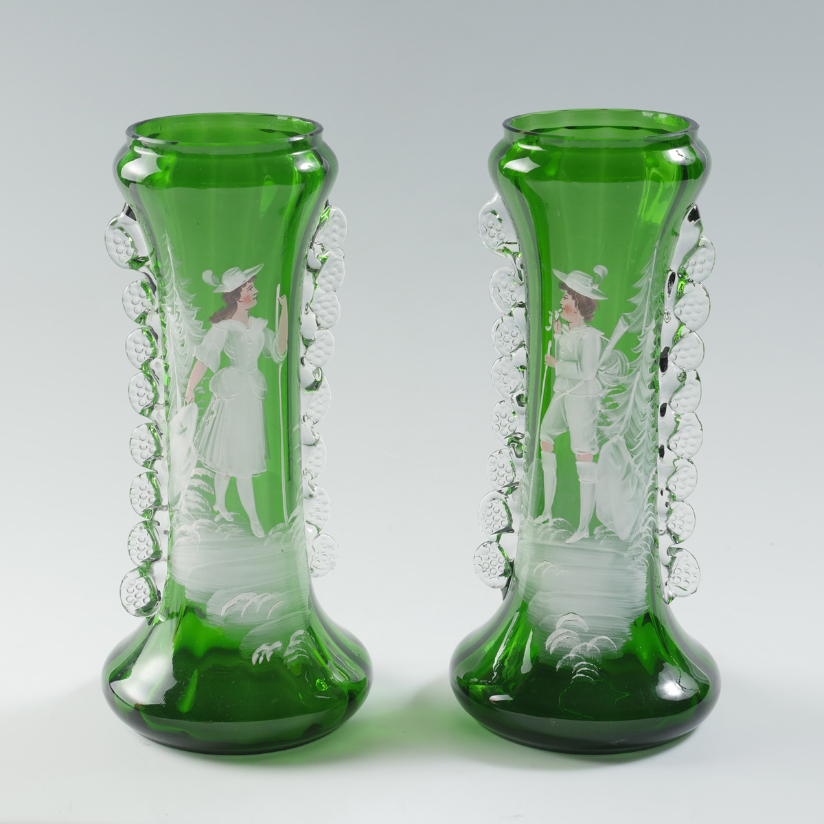 Appraisal: PAIR OF GREEN MARY GREGORY VASES - Optic paneled green