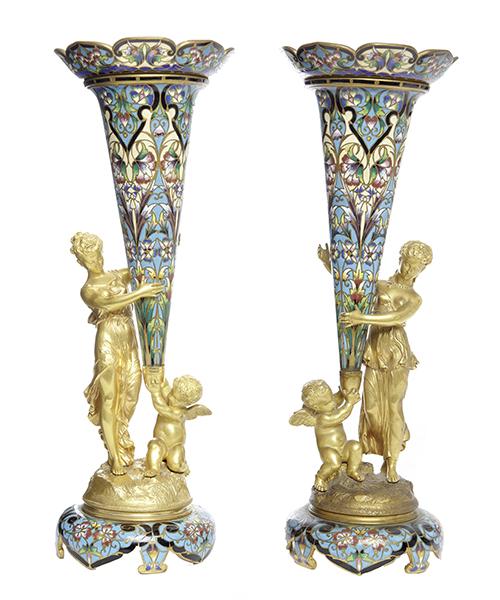 Appraisal: A PAIR OF FRENCH GILT-BRONZE AND CLOISONNE ENAMEL FIGURAL VASES