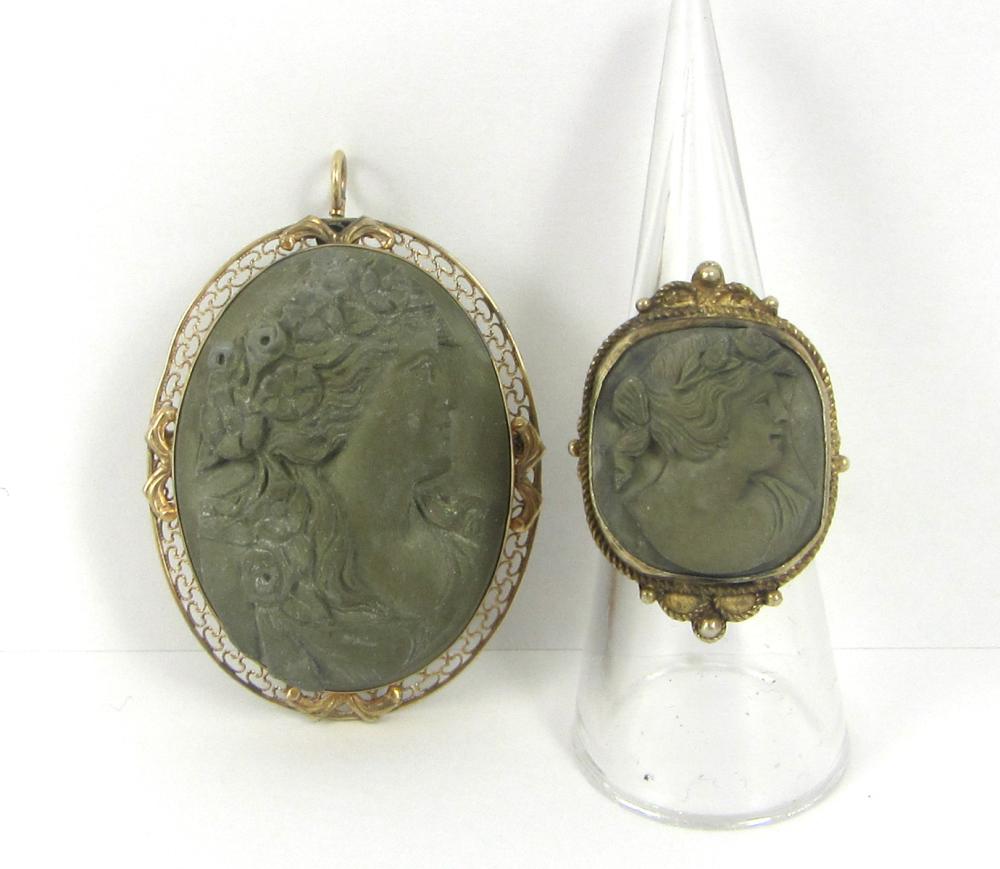 Appraisal: TWO ARTICLES OF LAVA CAMEO JEWELRY including a goldtone ring