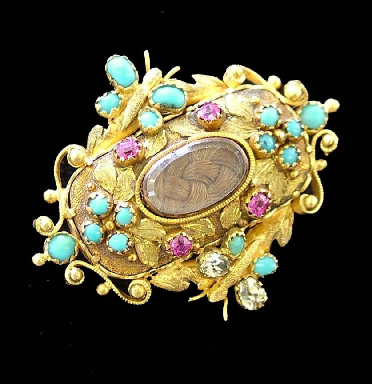 Appraisal: th century gem and turquoise set mourning brooch set with