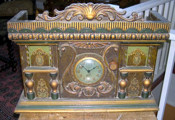 Appraisal: American Salute Carved Polychromed and Parcel-Gilt Wooden Mantel Clock of