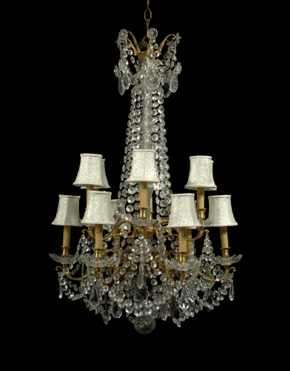 Appraisal: Tall French Gilt-Brass and Cut Glass Tiered Twelve-Light Chandelier in