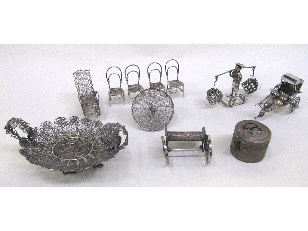 Appraisal: Lot comprising assorted oriental silver items - rickshaw fisherman box